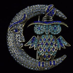 Enameled Rhinestone Owl On Moon Halloween Brooch